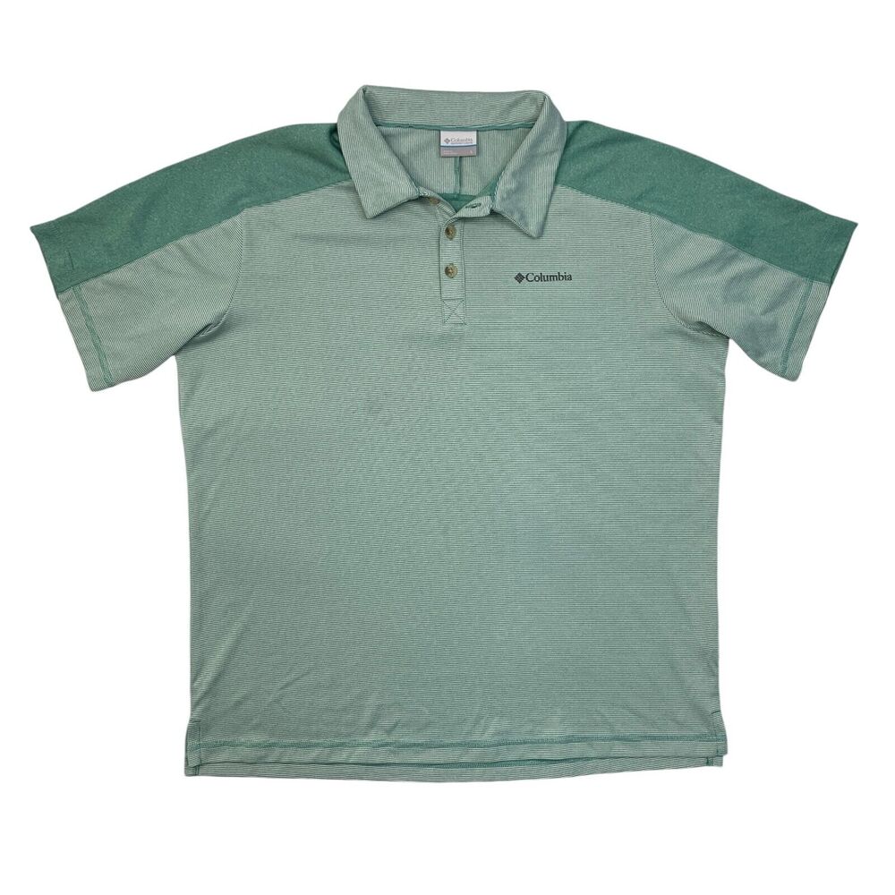 Columbia Shirt Mens L Large Light Green White Pinstriped Droptail Hem Golf Polo